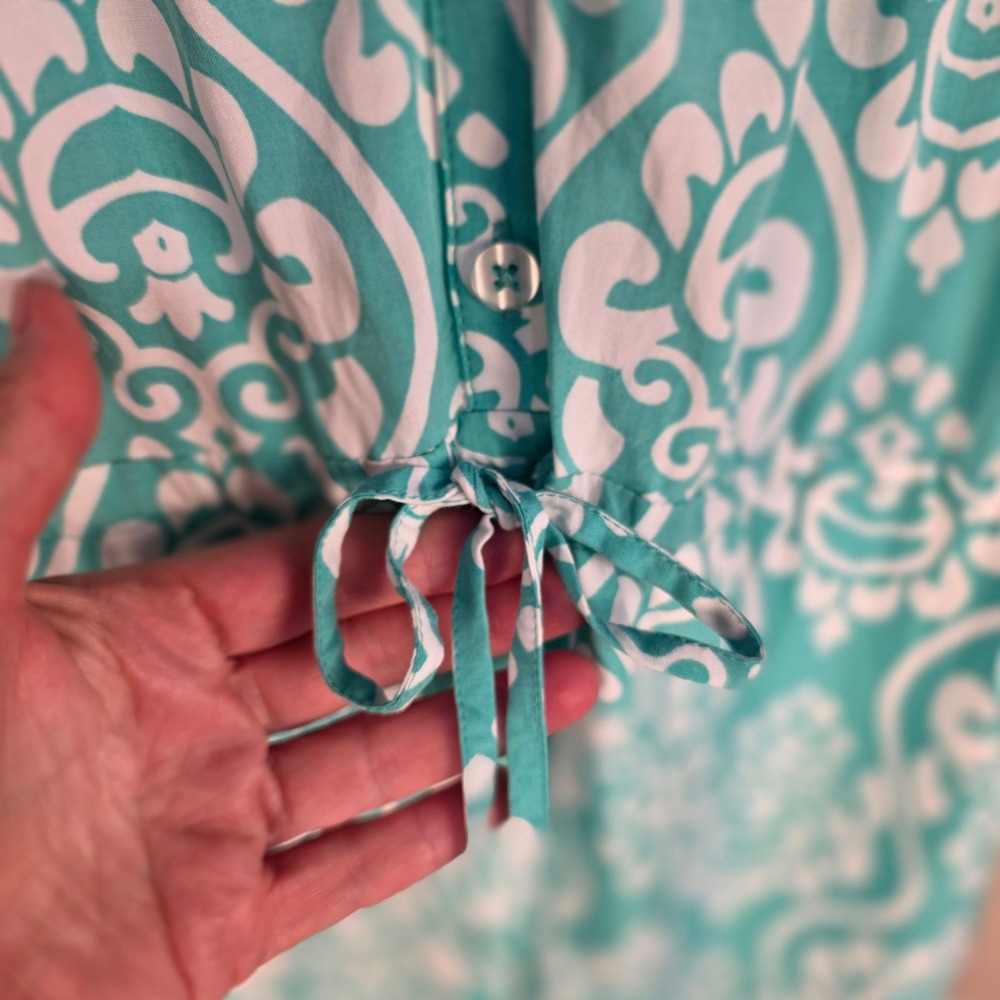 Crown & Ivy Dress Womens 10P Turquoise White Damask Cotton 3/4 Sleeve Pockets - Picture 4 of 13